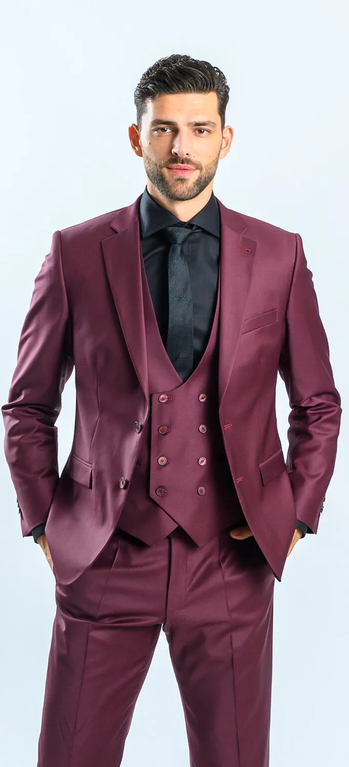 Alain Delon Abito Slim Fit Bordeaux con Gilet Doppiopetto