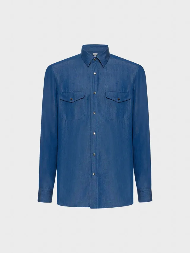 Caruso Camicia in Tencel Blu Denim Uomo