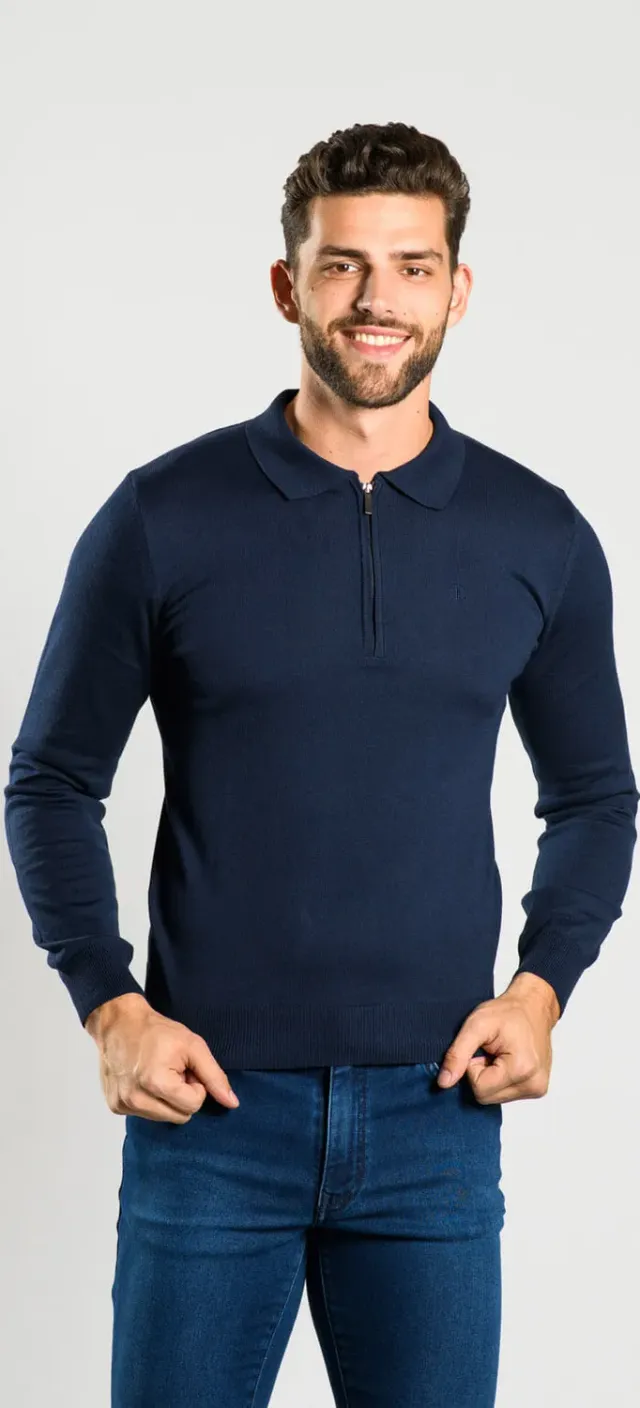 Alain Delon polo manica lunga blu navy zip taglia S
