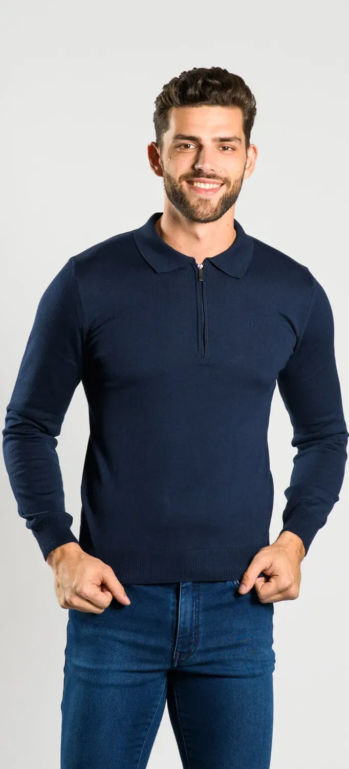 Alain Delon polo manica lunga blu navy zip taglia S