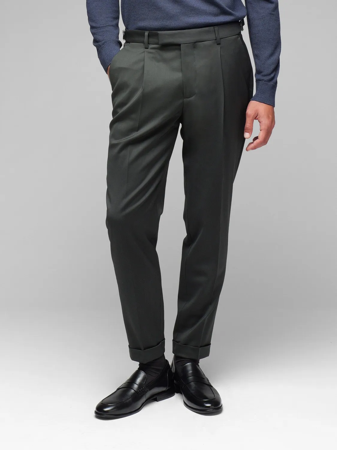 Paoloni Pantalone Pinces Saglia Verde Lana Stretch