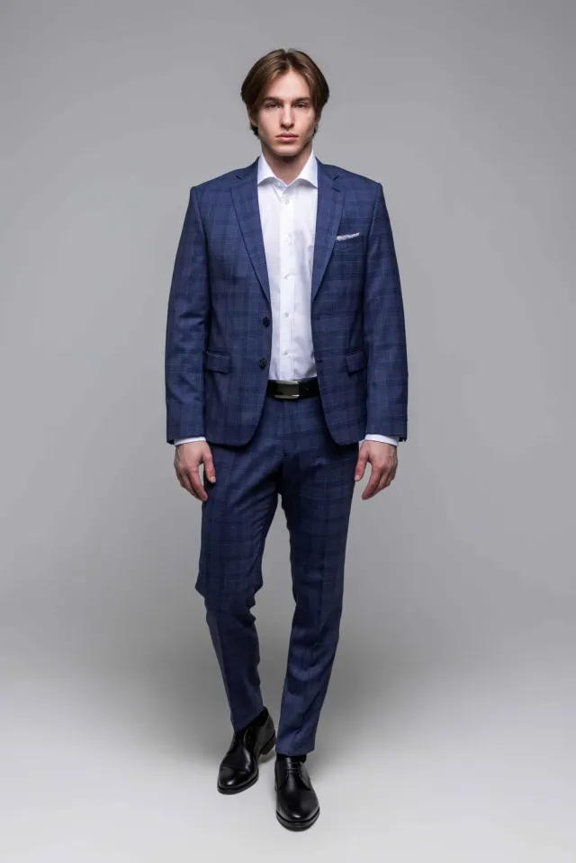 Alain Delon abito slim fit a quadri grigio blu stretch