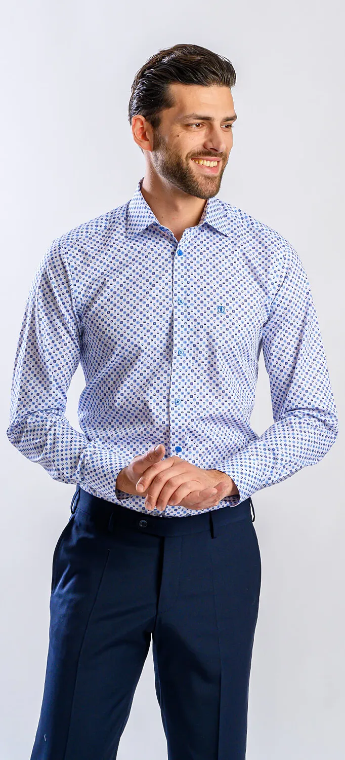 Alain Delon camicia bianca fantasia blu Extra Slim Getzner