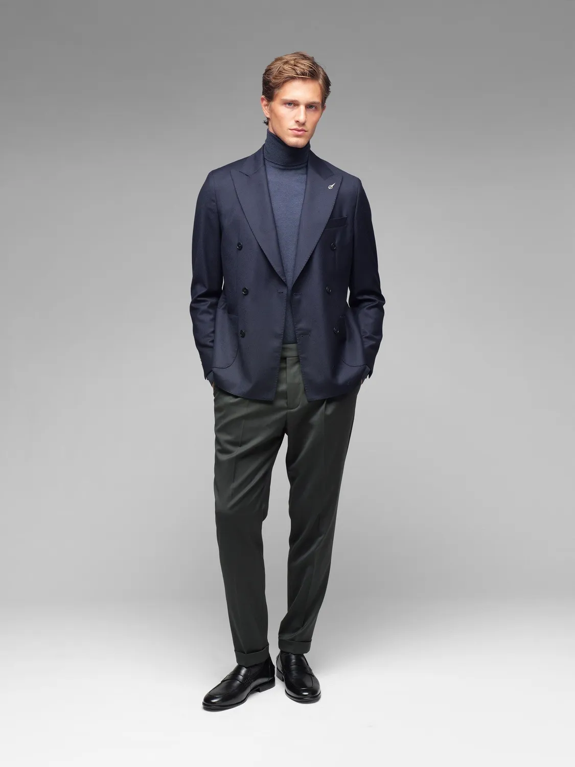 Paoloni giacca doppiopetto flanella lana stretch blu