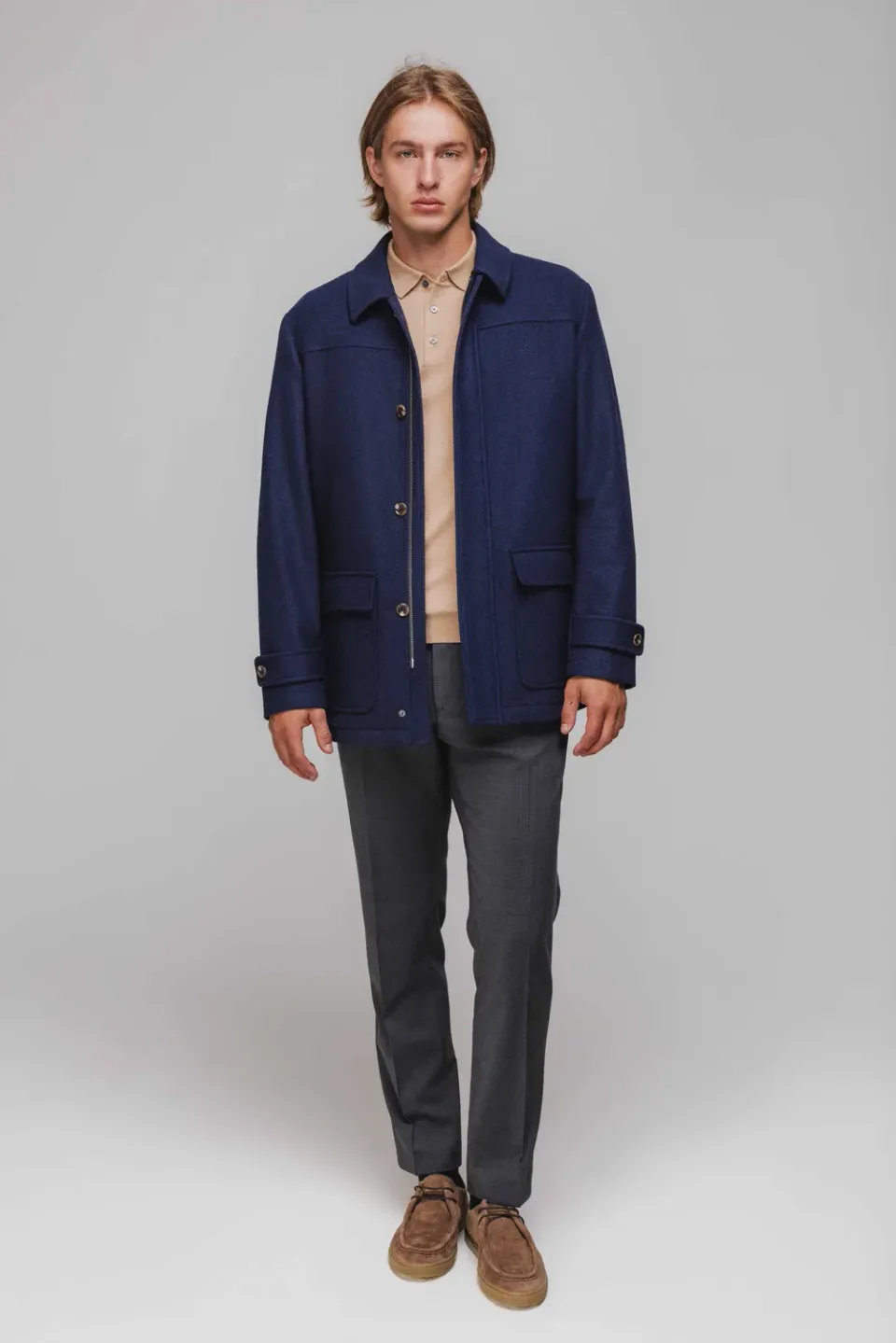 Alain Delon cappotto auto blu in lana con cerniera