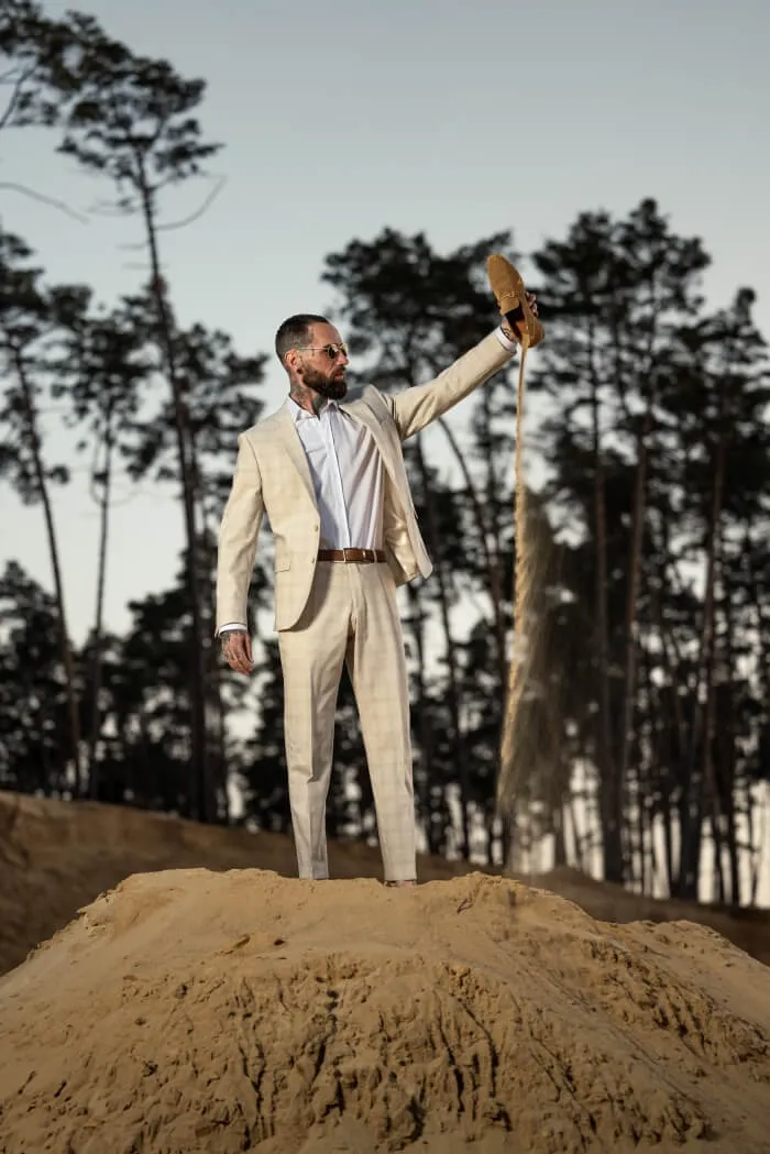 Alain Delon Abito Slim Fit Beige Quadri con Gilet Matrimonio