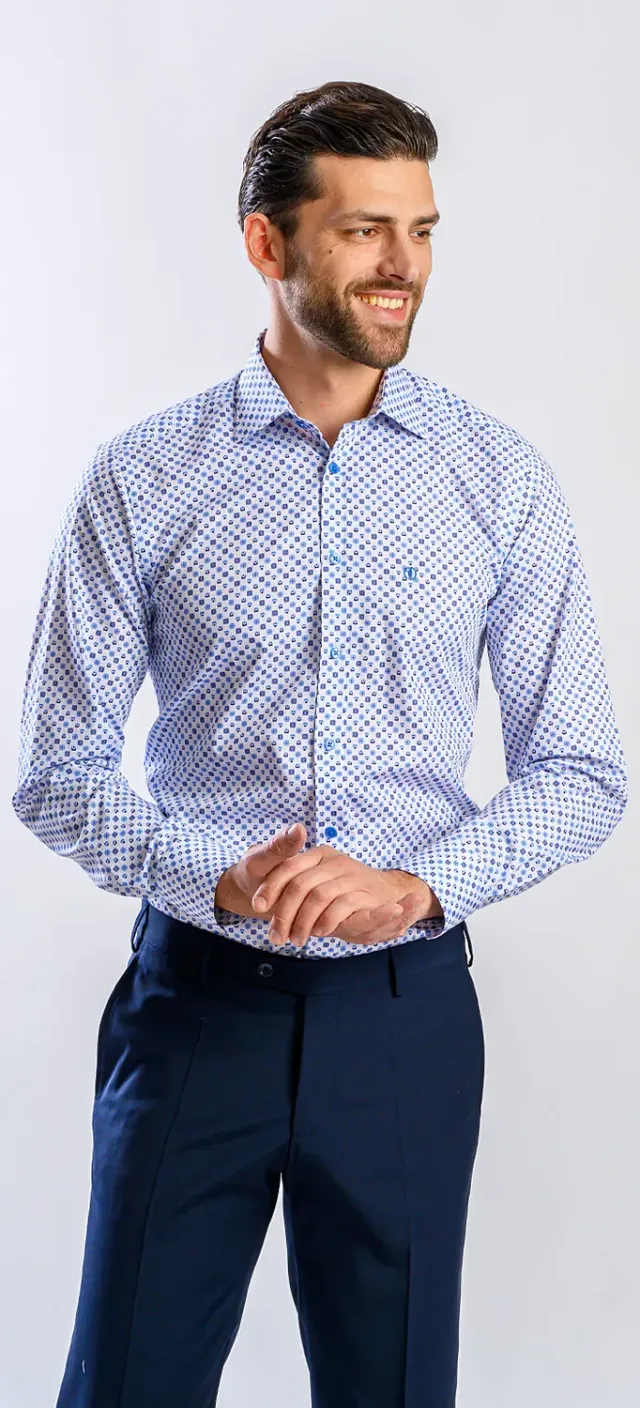 Alain Delon Slim Fit camicia bianca fantasia blu