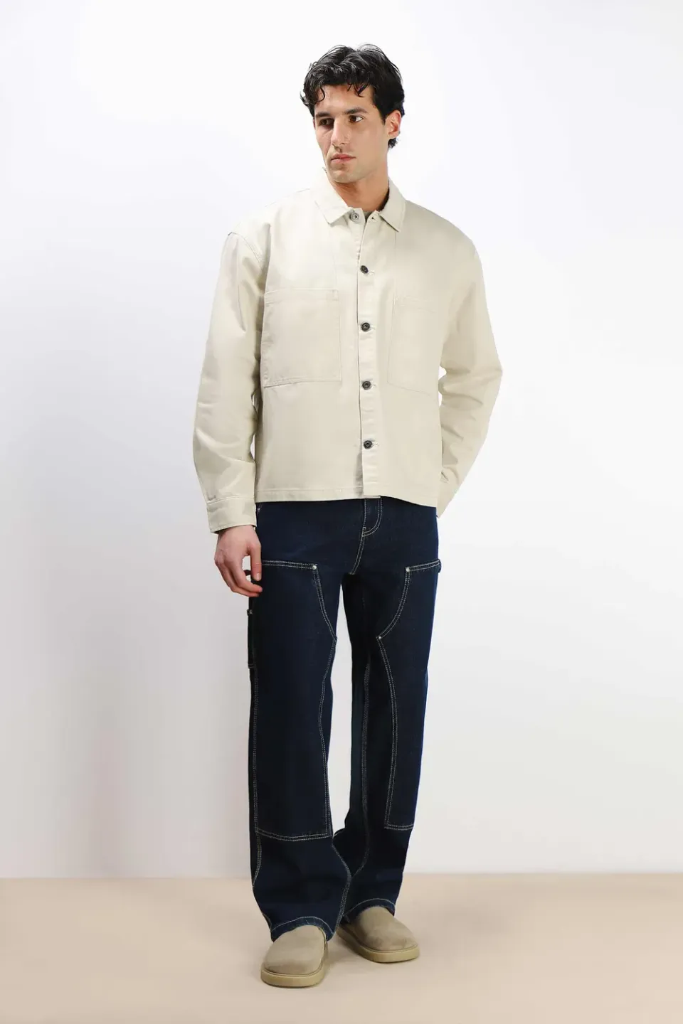 Sonny Bono Overshirt Uomo Beige Chiaro Cotone Tasche
