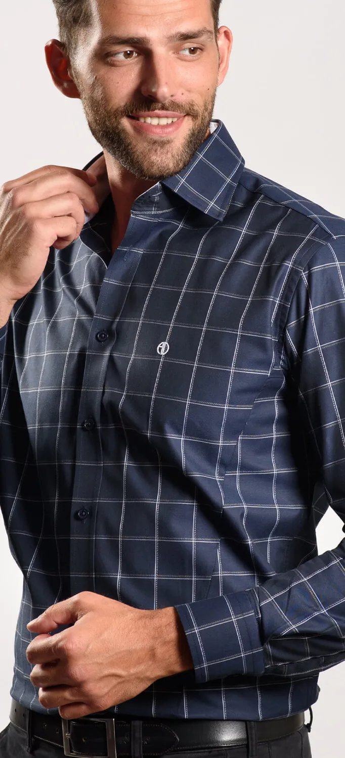 Alain Delon Extra Slim Fit camicia blu quadri collo alto