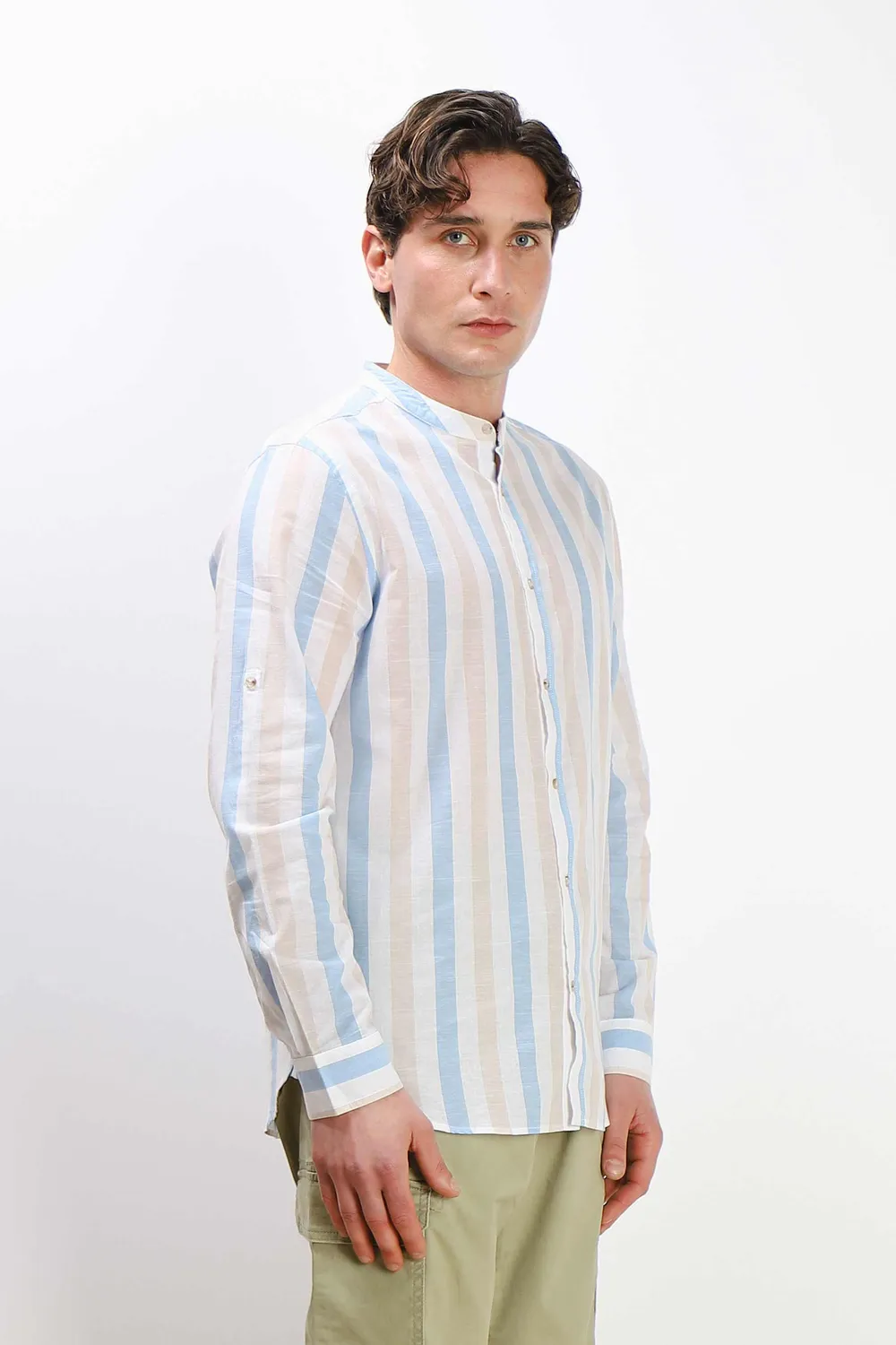 Sonny Bono Collo Coreano Camicia Azzurro Cotone Slub