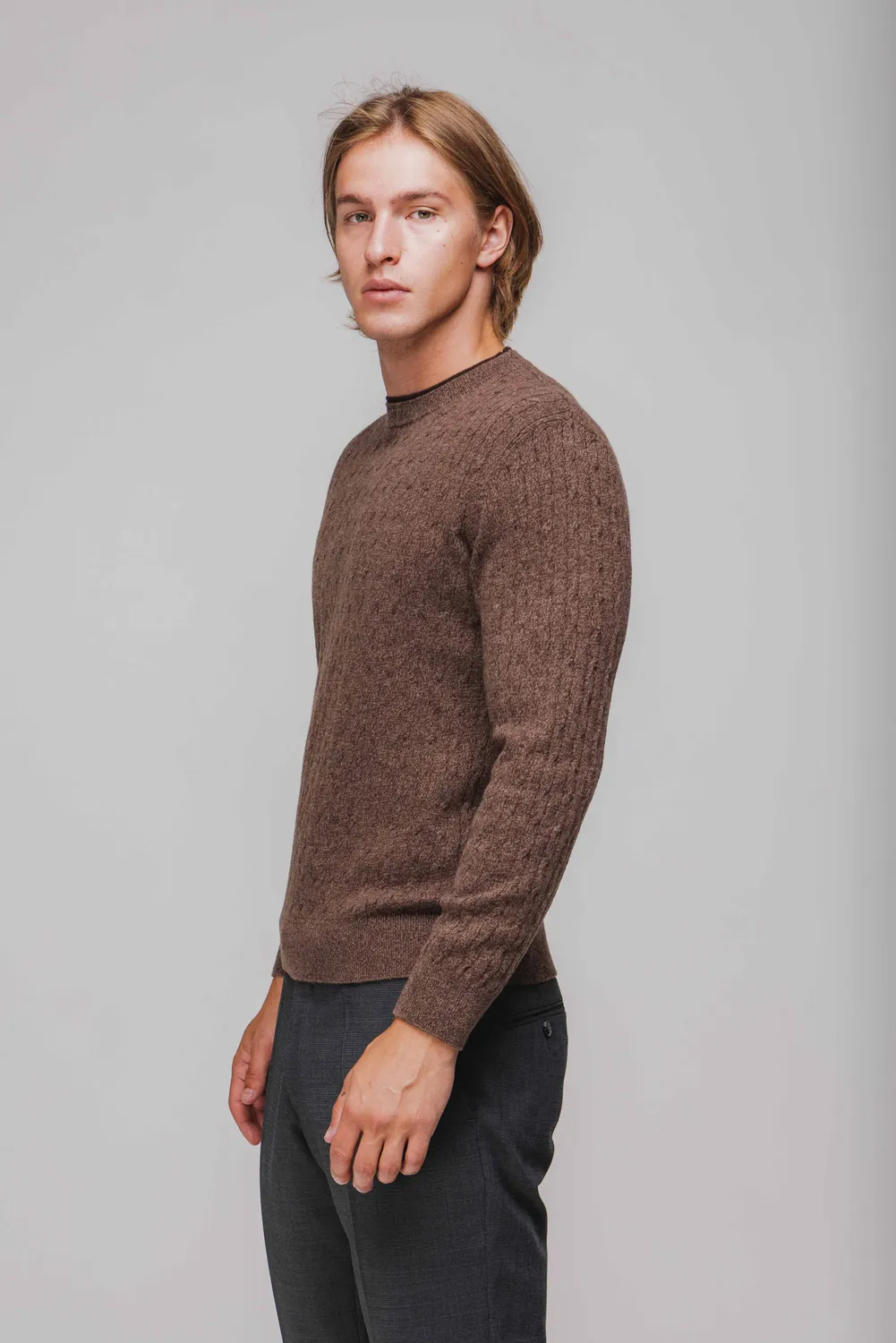 Alain Delon pullover marrone trecce lana girocollo