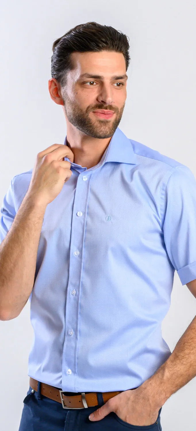 Alain Delon camicia manica corta azzurra slim fit cotone