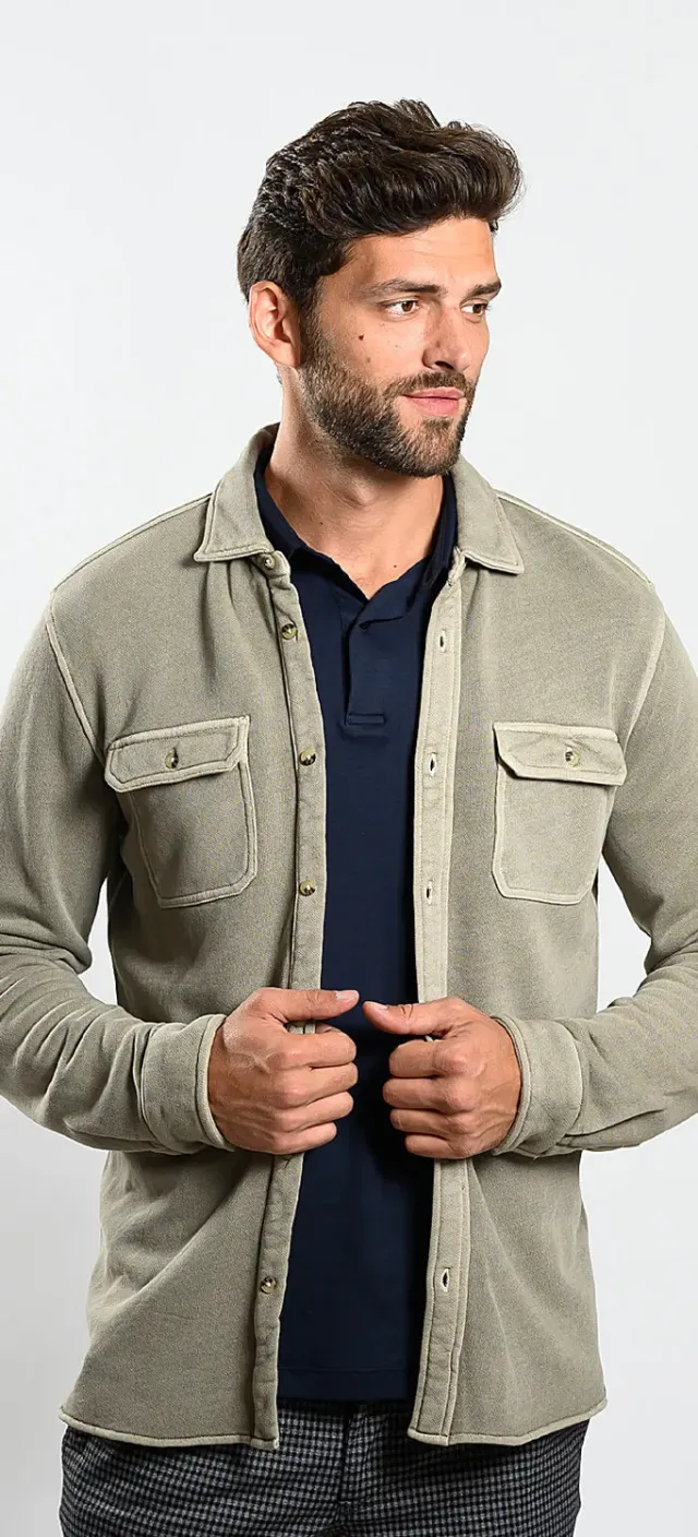 Alain Delon Camicia Oliva Cotone Pesante Slim