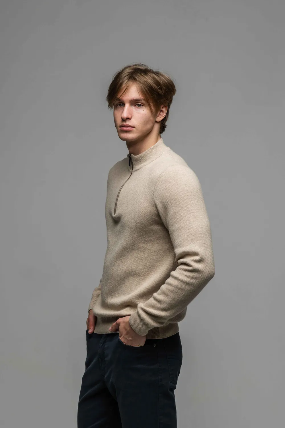 Alain Delon Maglione Beige Zip Cotone Cashmere