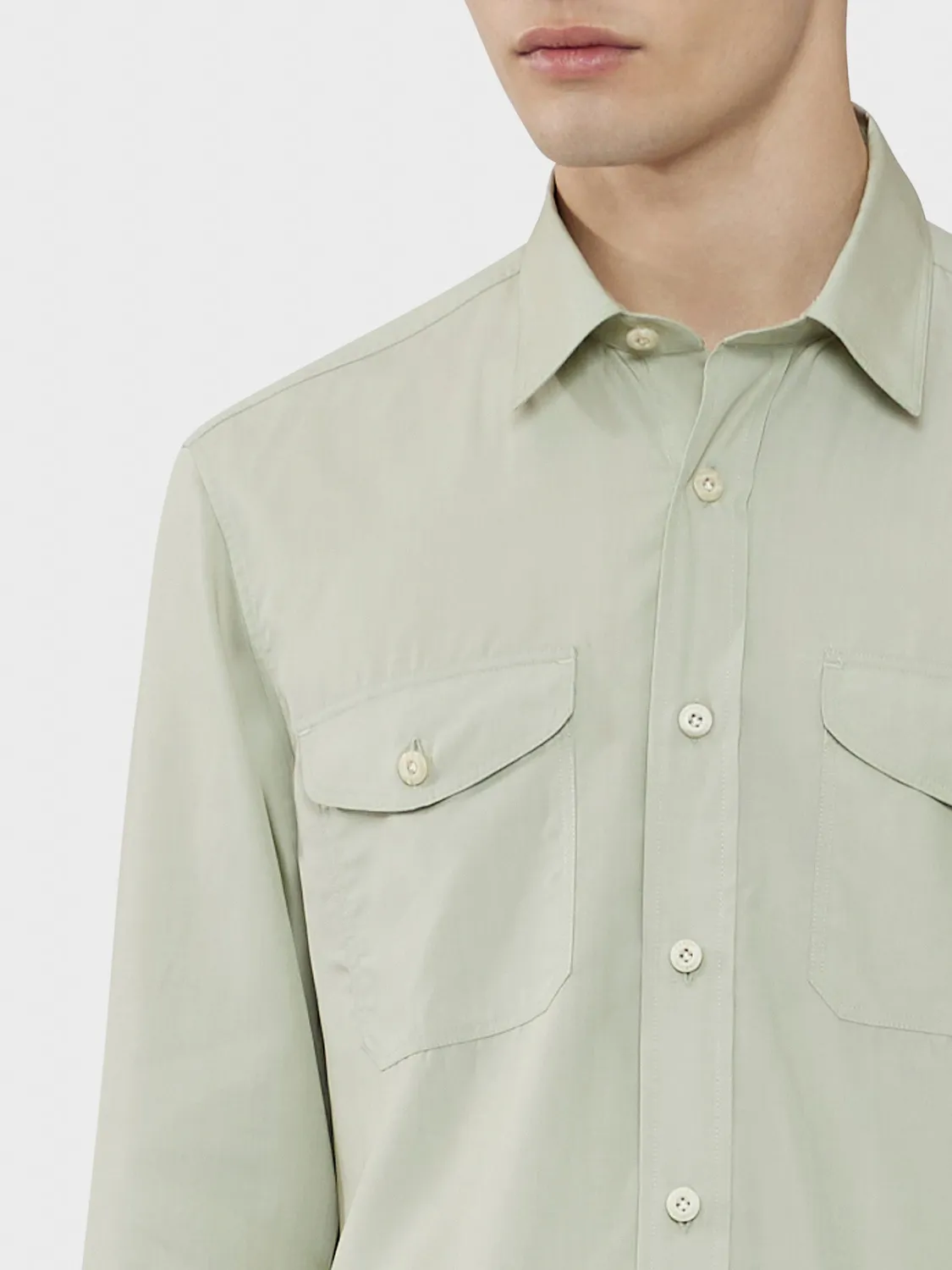 Caruso Camicia in Tencel Verde Salvia con Tasche a Toppa
