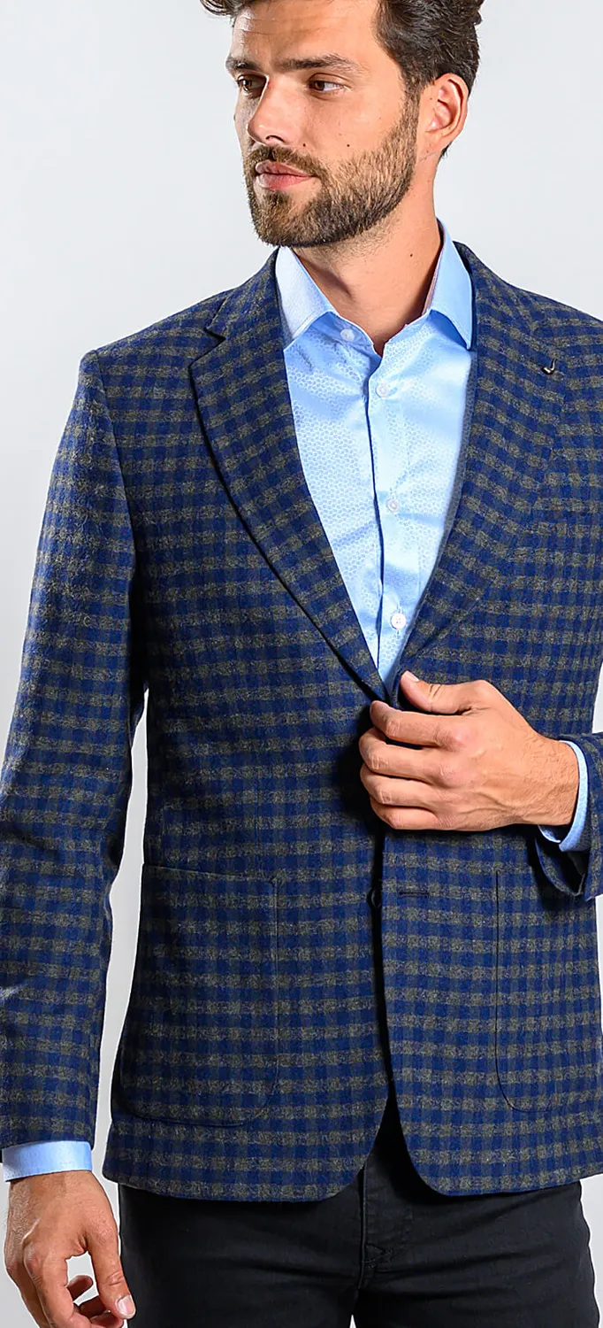 Alain Delon Giacca Verde-Blu a Quadri Lana Slim