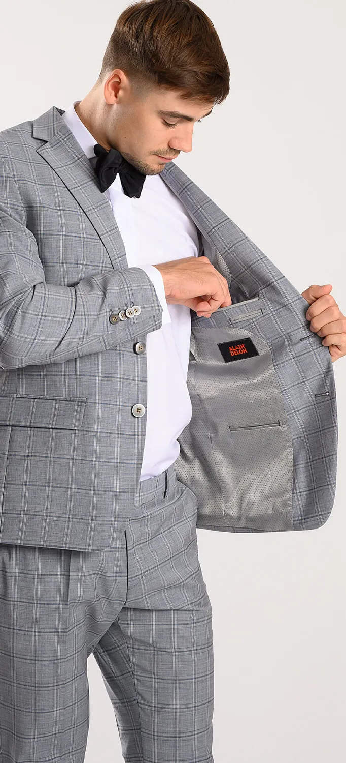 Alain Delon Abito Grigio a Quadri Lana Slim Fit