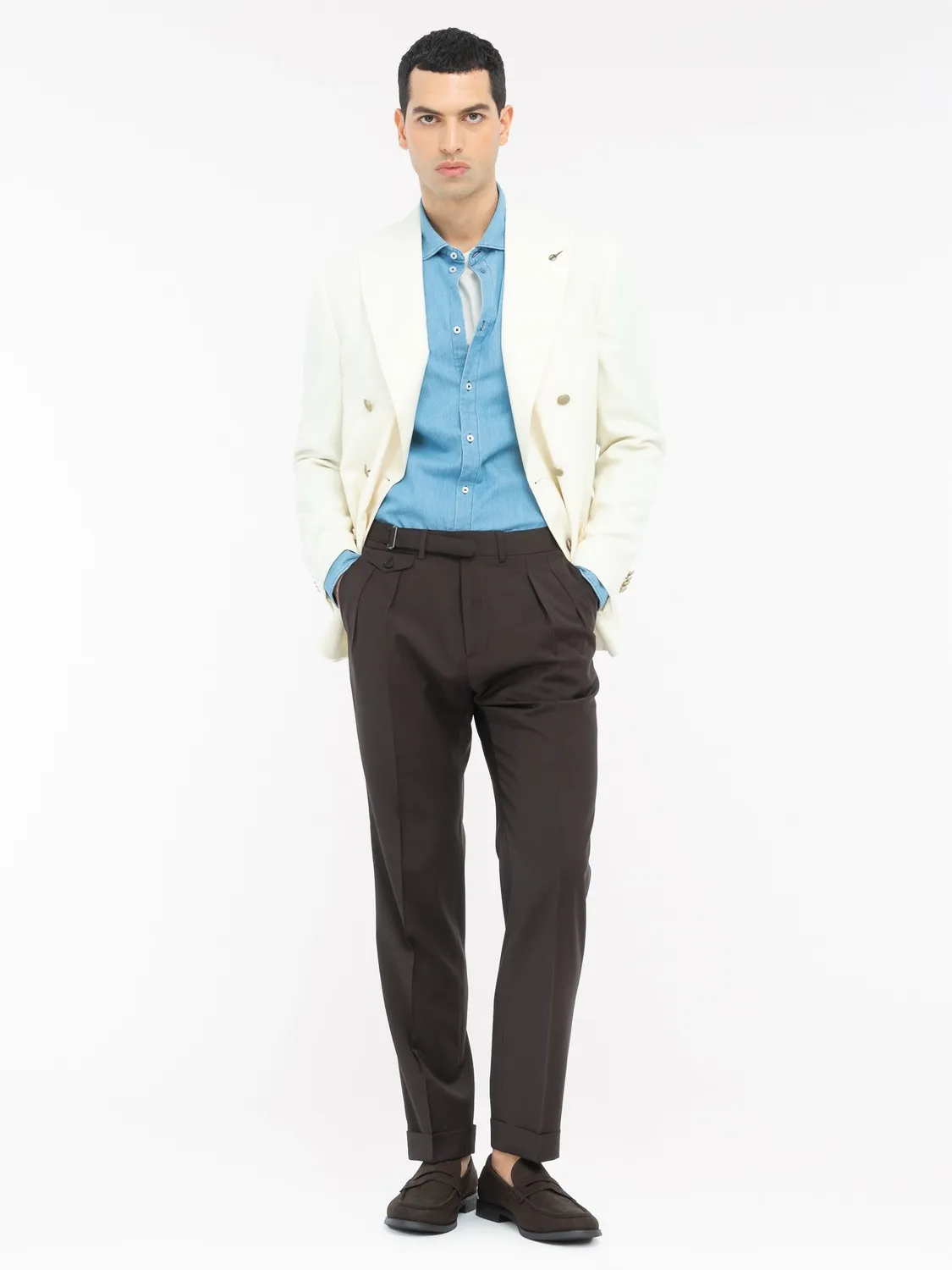 Paoloni pantalone doppia pinces lana stretch marrone