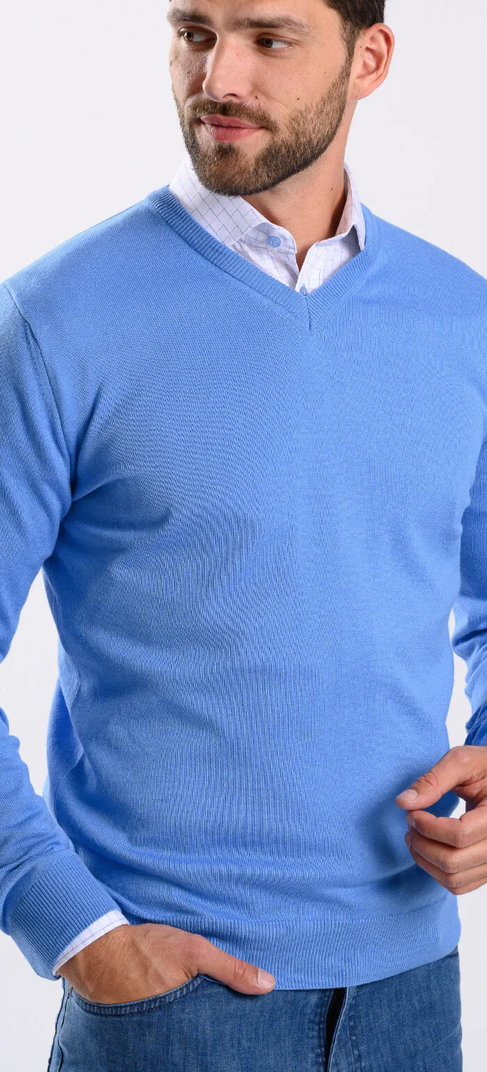 Alain Delon maglione azzurro scollo V cotone
