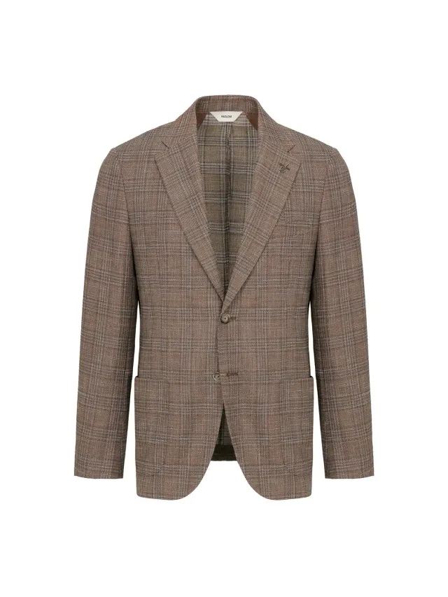 Paoloni Giacca macro check lana cotone marrone