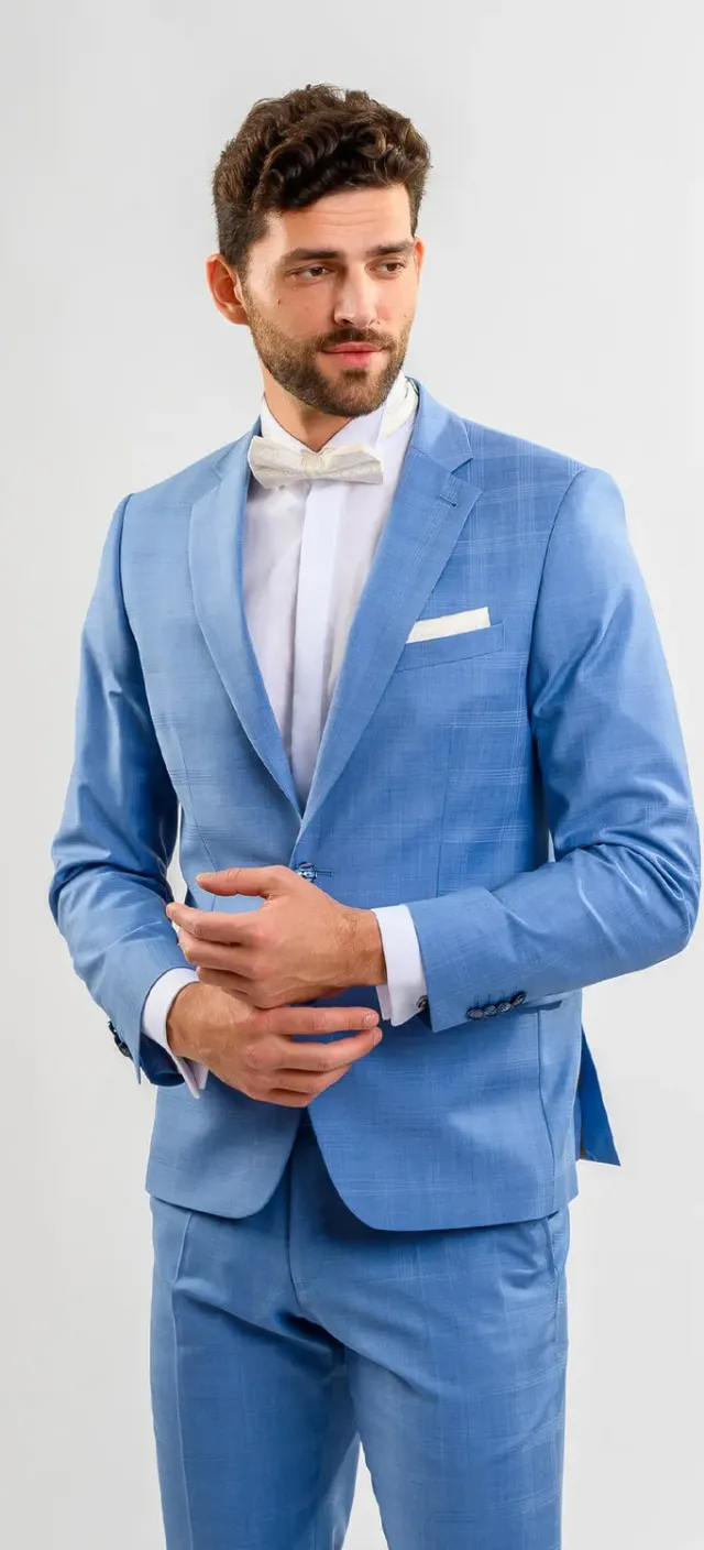 Alain Delon abito azzurro slim matrimonio con gilet