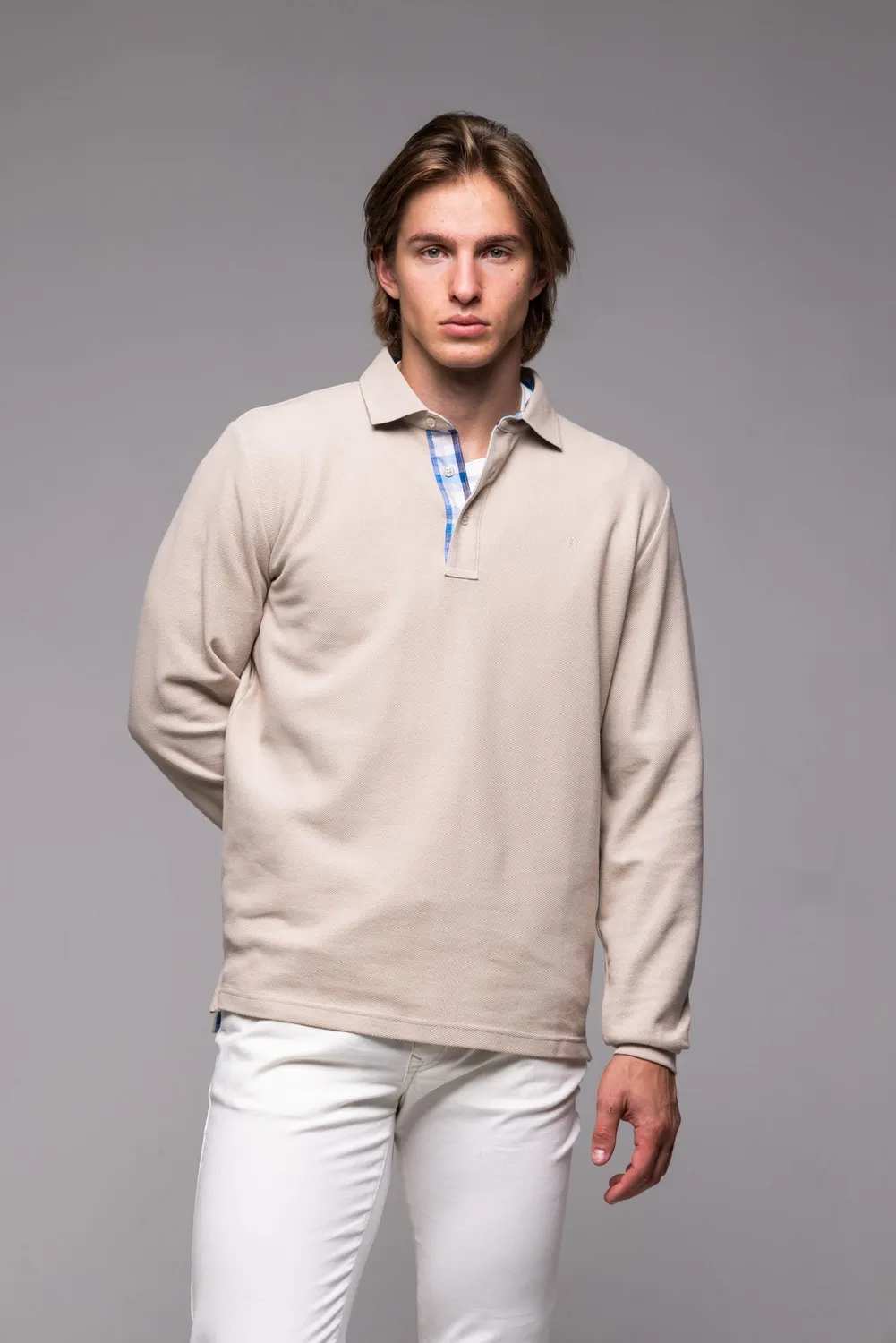 Alain Delon Polo Beige Manica Lunga Cotone Piqué L
