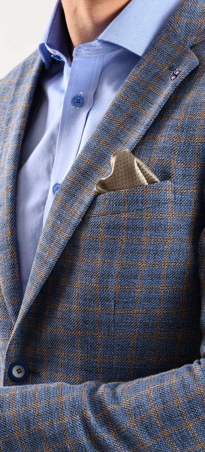 Alain Delon giacca blu lino quadri marroni slim fit