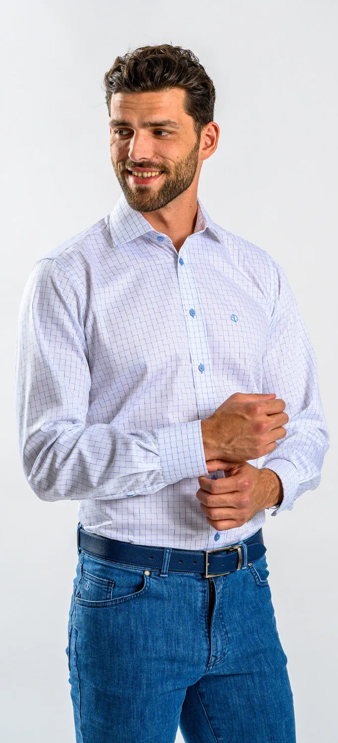 Alain Delon camicia slim fit bianca quadri blu cotone Getzner