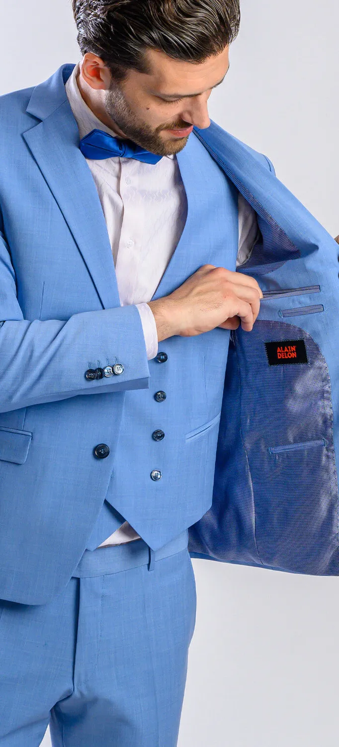 Alain Delon abito slim fit azzurro gilet doppiopetto