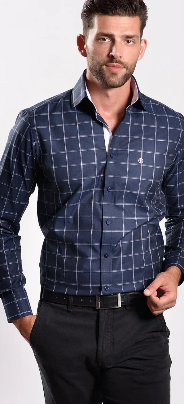 Alain Delon Extra Slim Fit camicia blu quadri collo alto