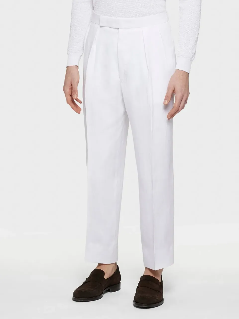 Caruso pantalone in lino bianco vita alta doppiapince
