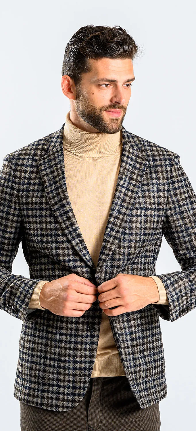 Alain Delon giacca marrone slim pied-de-poule misto lana