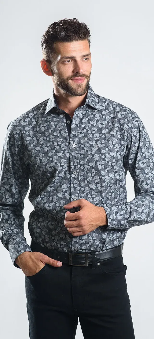 Alain Delon Camicia Grigia Slim Fit Floreale Cotone