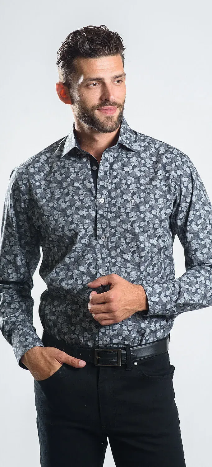 Alain Delon Camicia Grigia Slim Fit Floreale Cotone