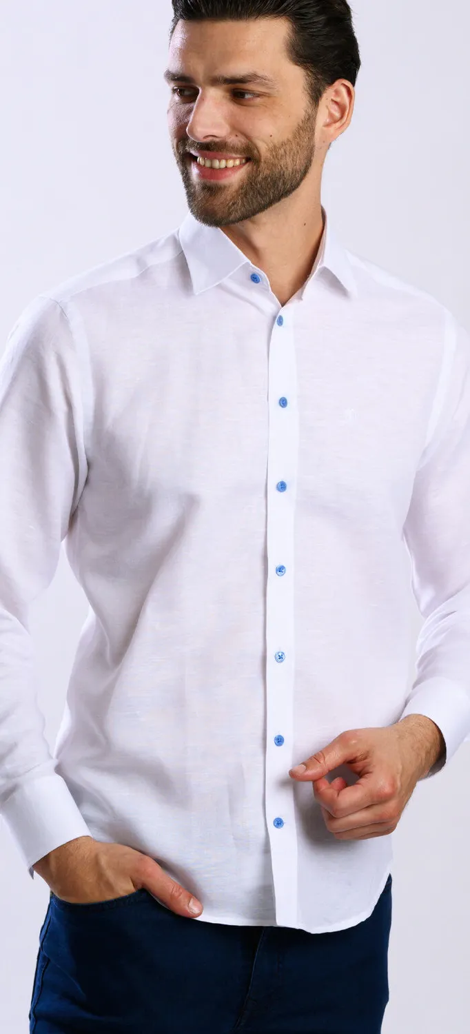 Alain Delon camicia bianca lino bottoni blu extra slim