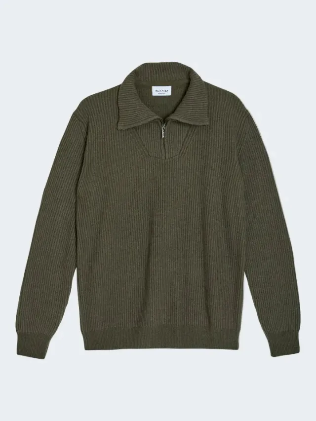 Sand Menswear Dexter maglia zip cashmere kaki bicolore