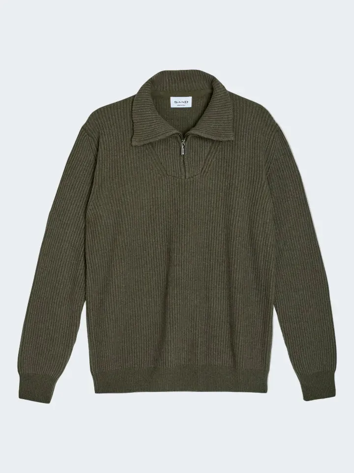 Sand Menswear Dexter maglia zip cashmere kaki bicolore