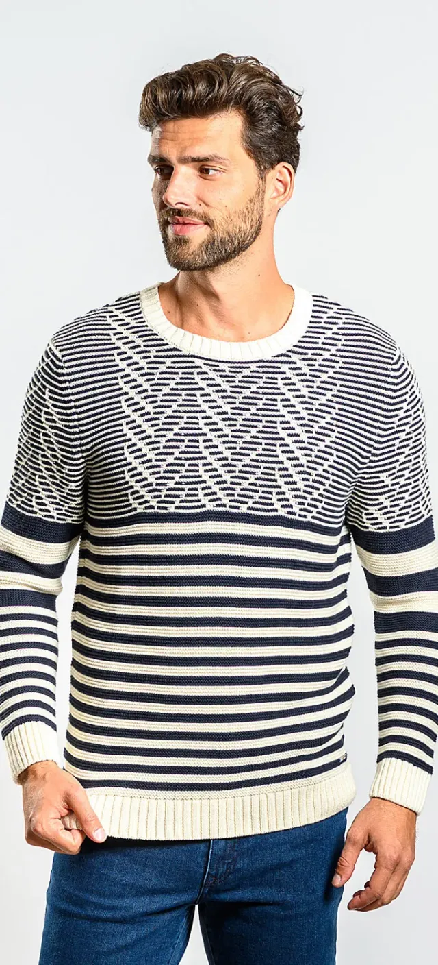 Alain Delon maglione cotone beige slim fit righe blu
