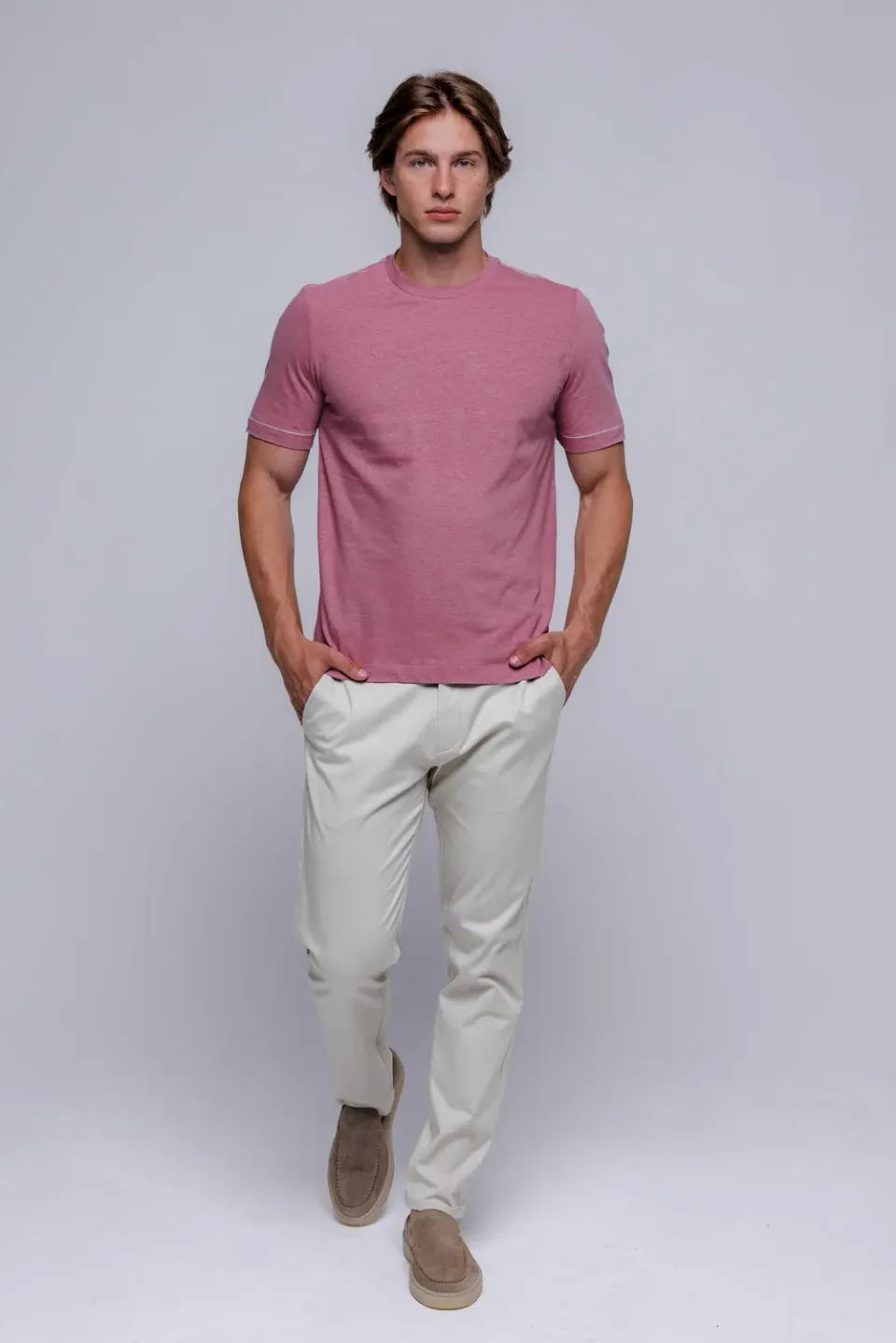 Alain Delon T-Shirt Uomo Rosa in Lino Manica Corta M-XXXL