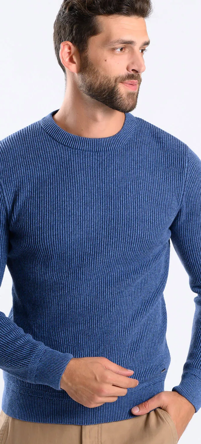 Alain Delon Maglione girocollo blu coste cotone cashmere
