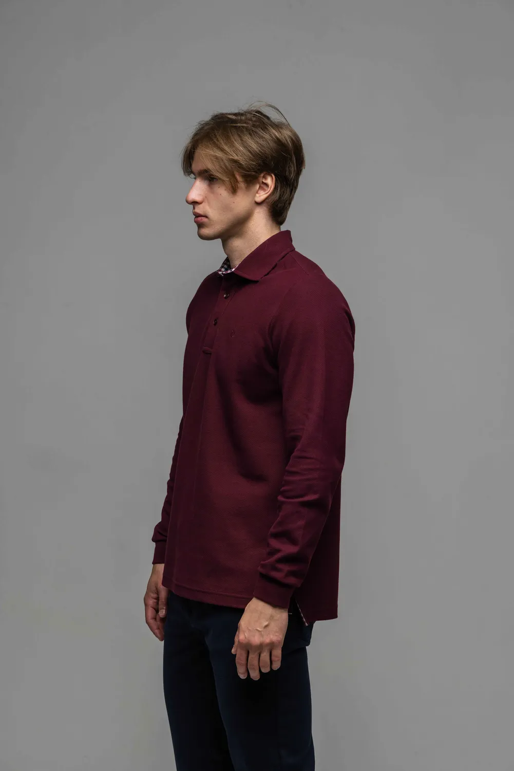Alain Delon polo manica lunga bordeaux cotone slim