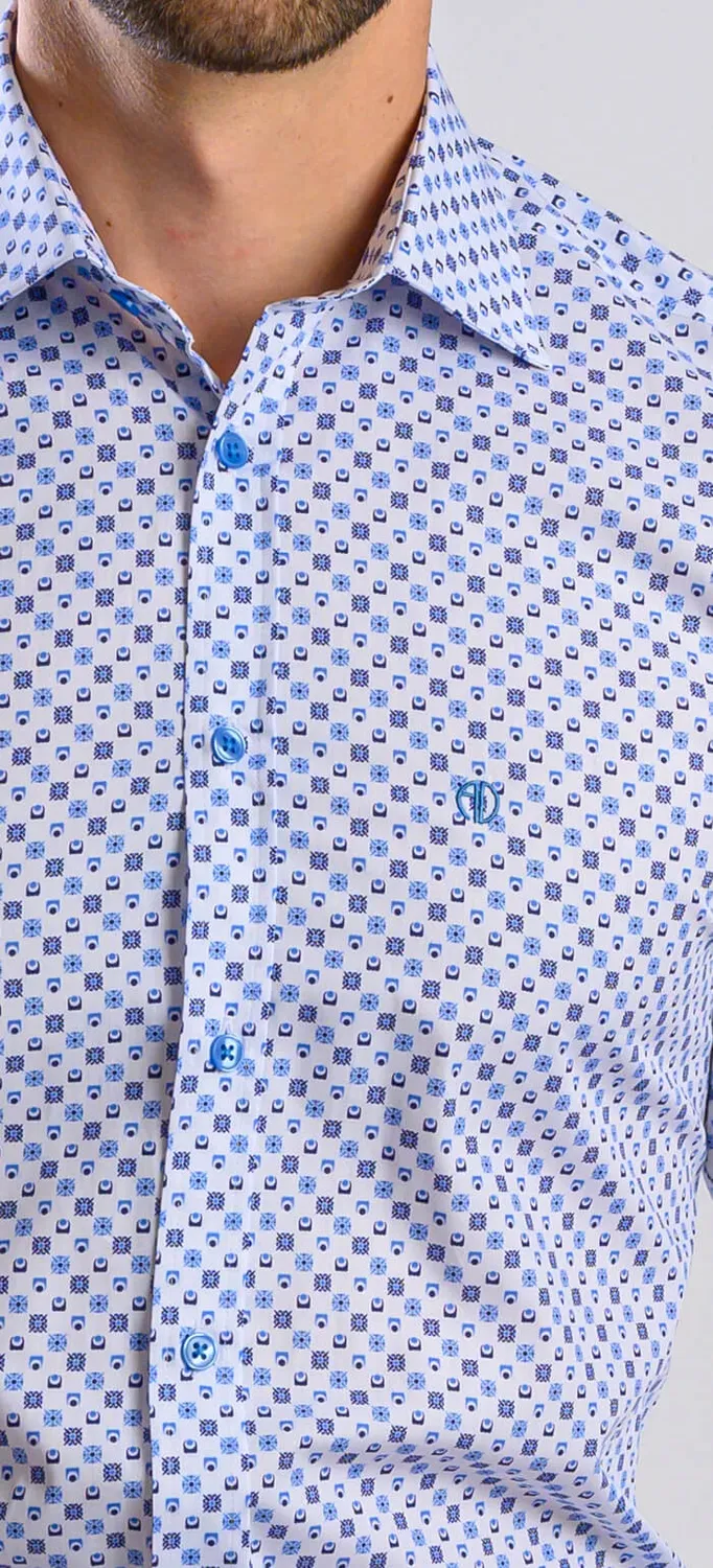Alain Delon camicia bianca fantasia blu Extra Slim Getzner