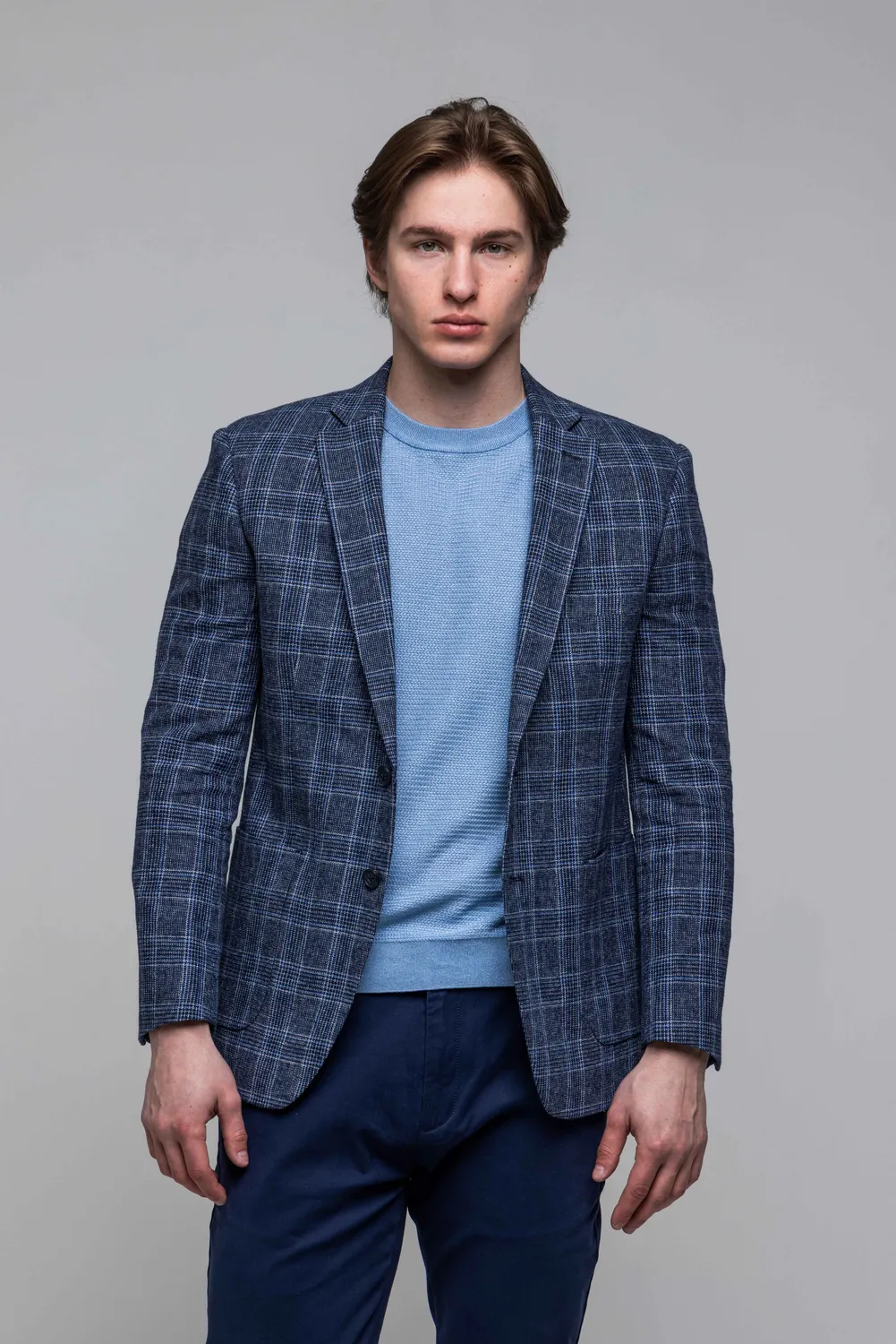 Alain Delon giacca lino blu a quadri slim fit leggera