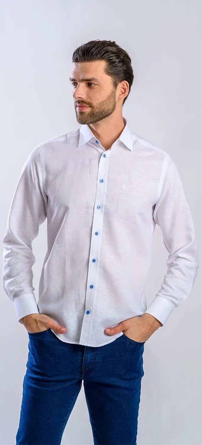 Alain Delon camicia bianca lino bottoni blu extra slim